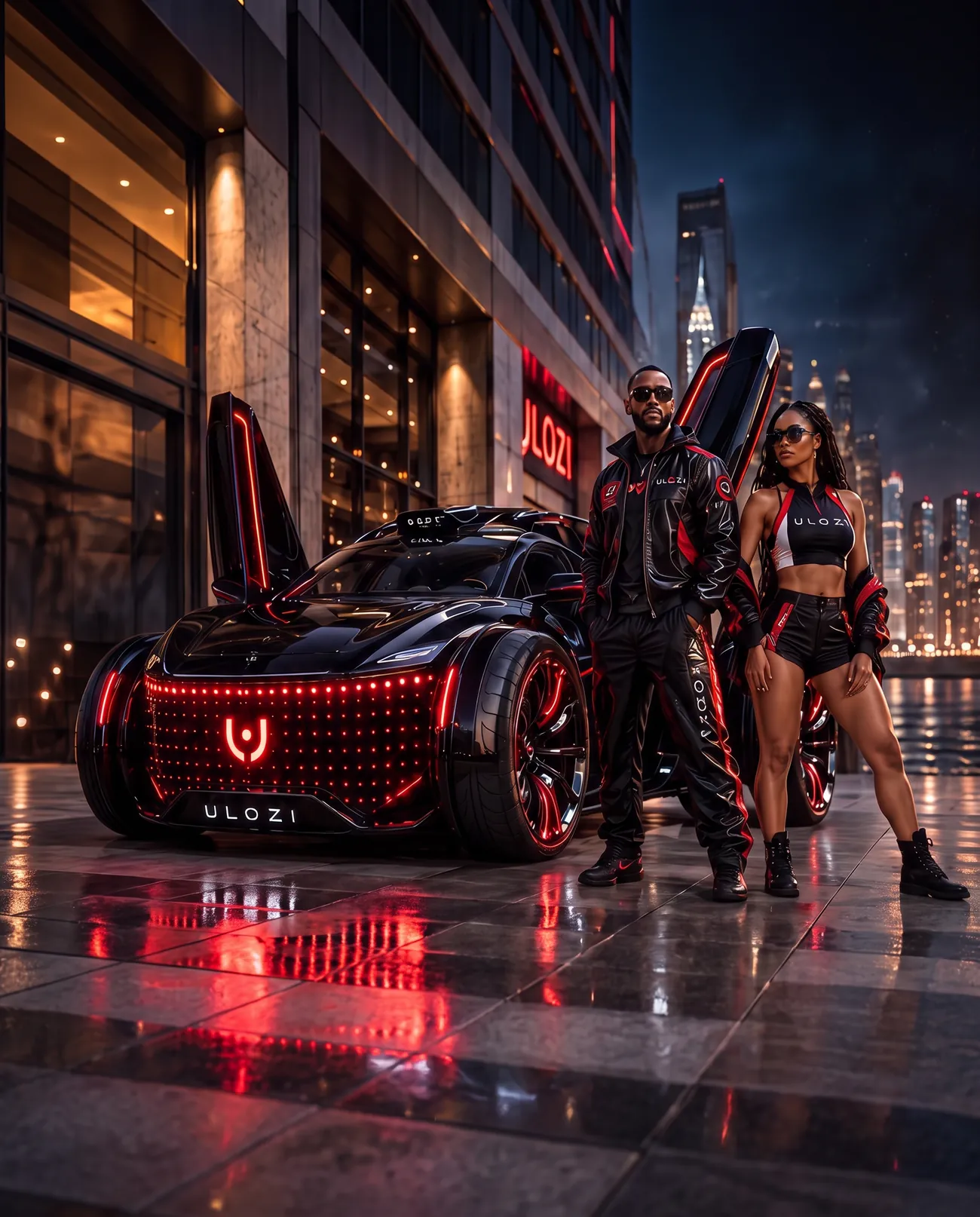 Ulozi electric hypercar with the Ulozi team at night