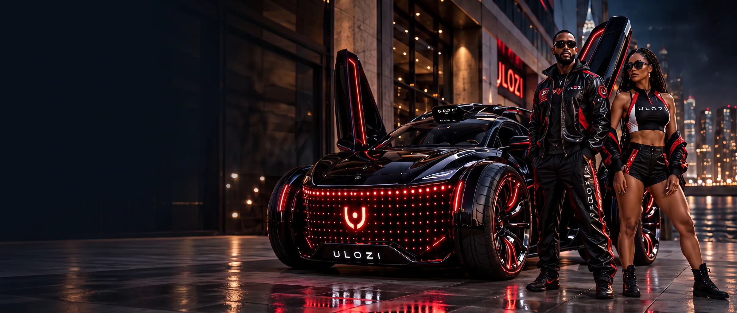 Ulozi electric hypercar with the Ulozi team at night