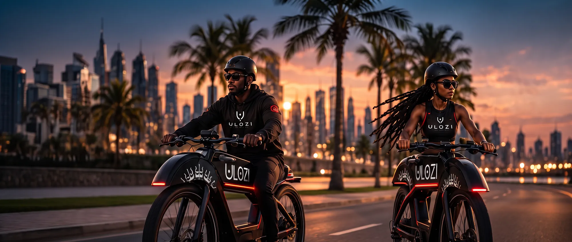 Two riders on Ulozi e-bikes at sunset
