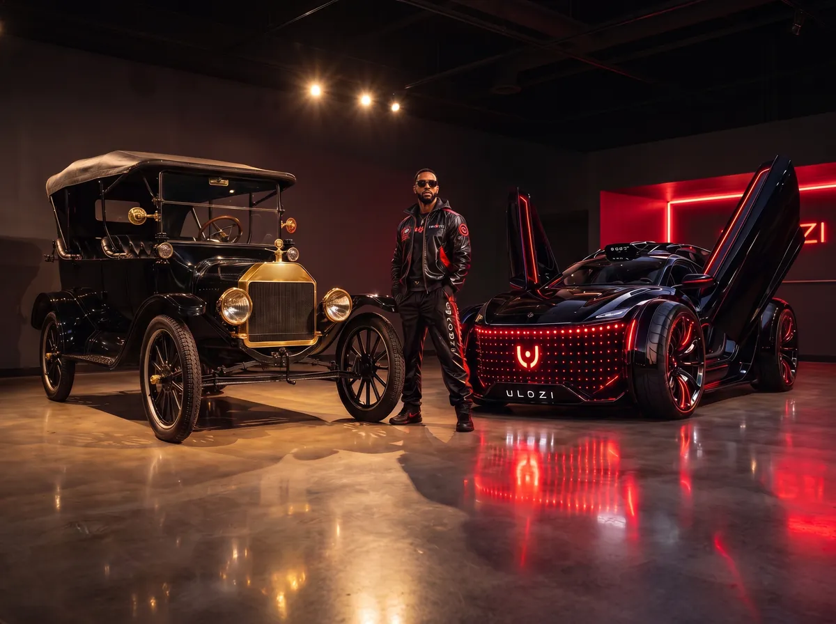 A vintage automobile beside an Ulozi hypercar