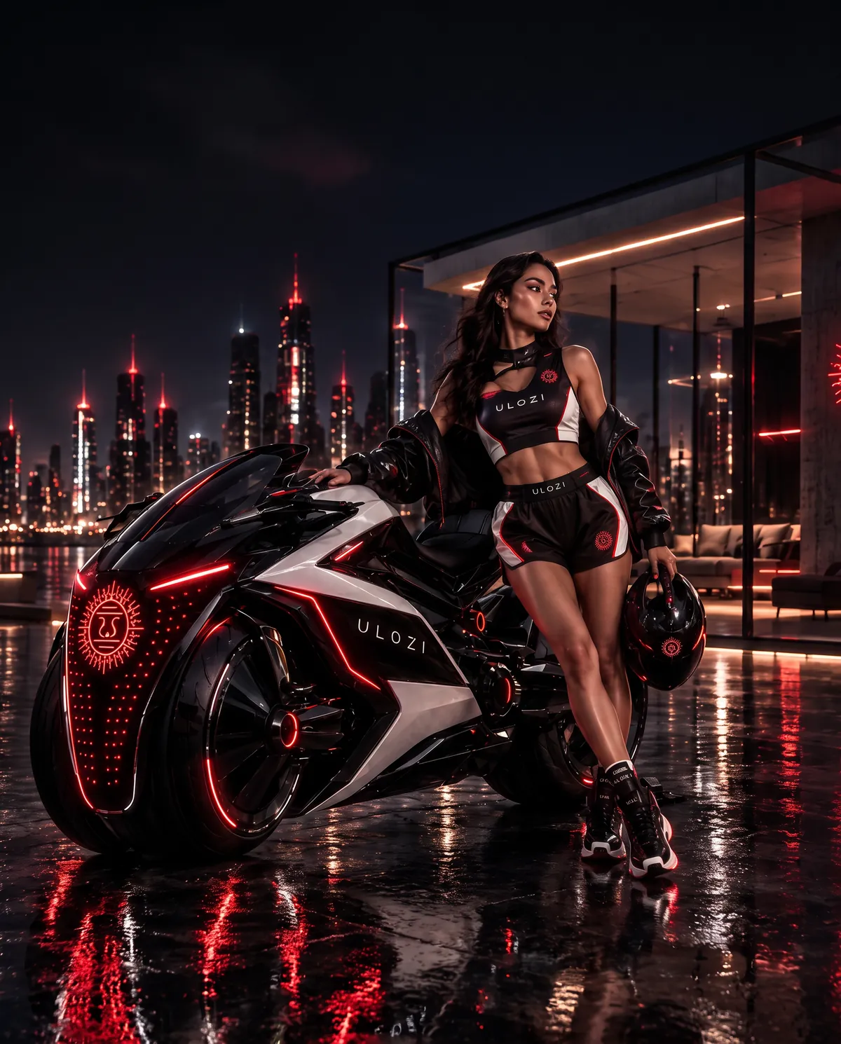 Ulozi rider with her motorcycle at night