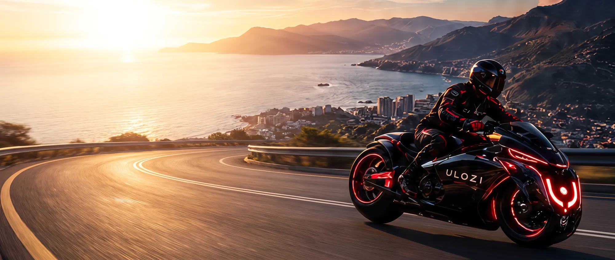 Ulozi motorcycle on a coastal road at sunset