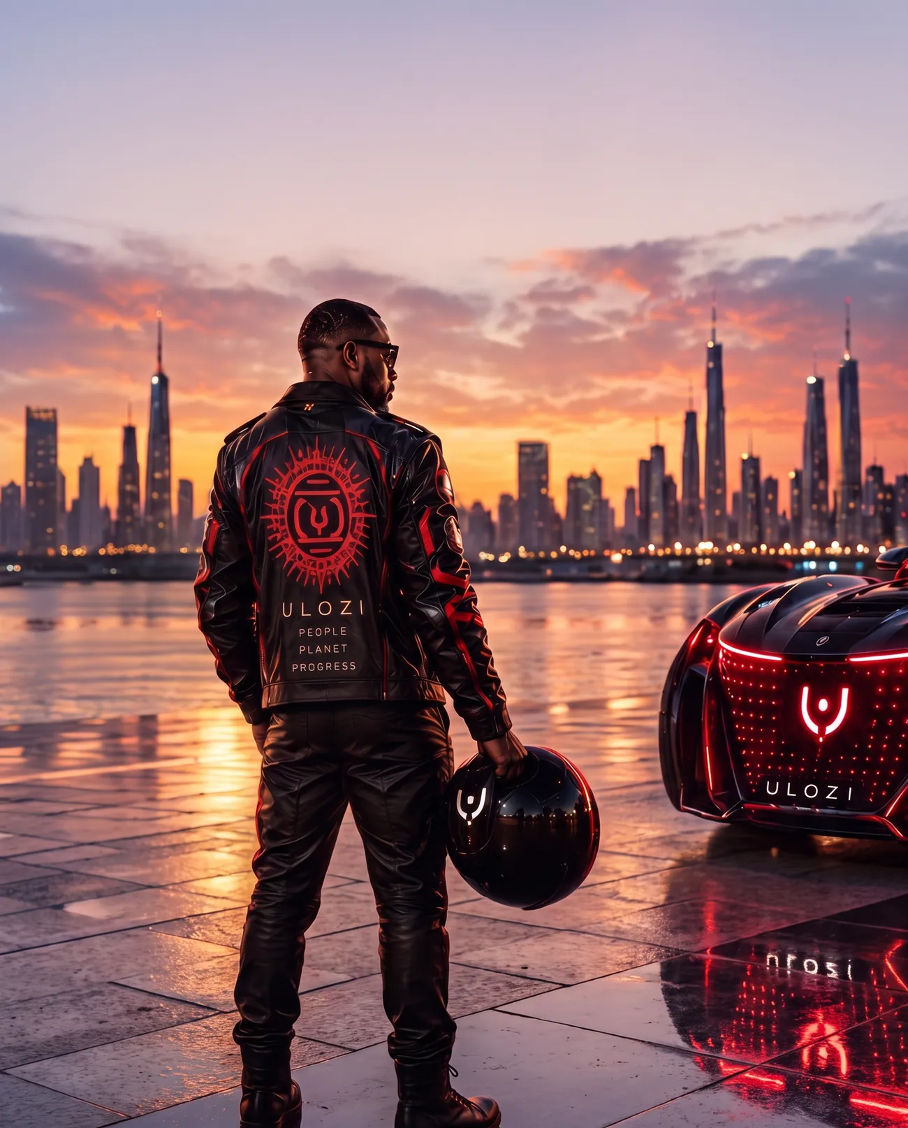 Ulozi jacket facing the skyline at sunset