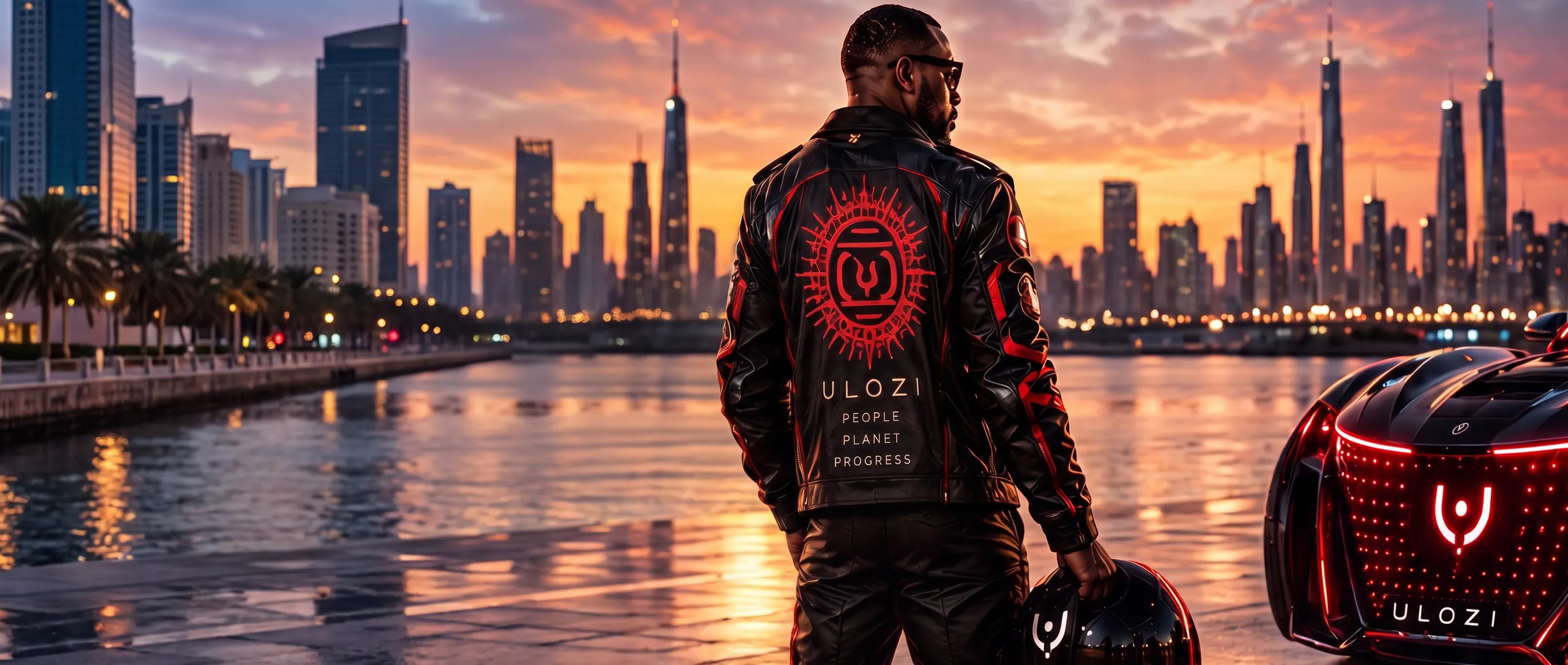 Ulozi jacket facing the skyline at sunset