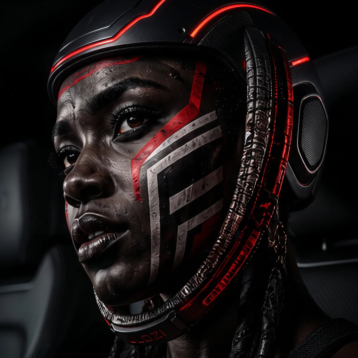 Portrait with red face paint and helmet