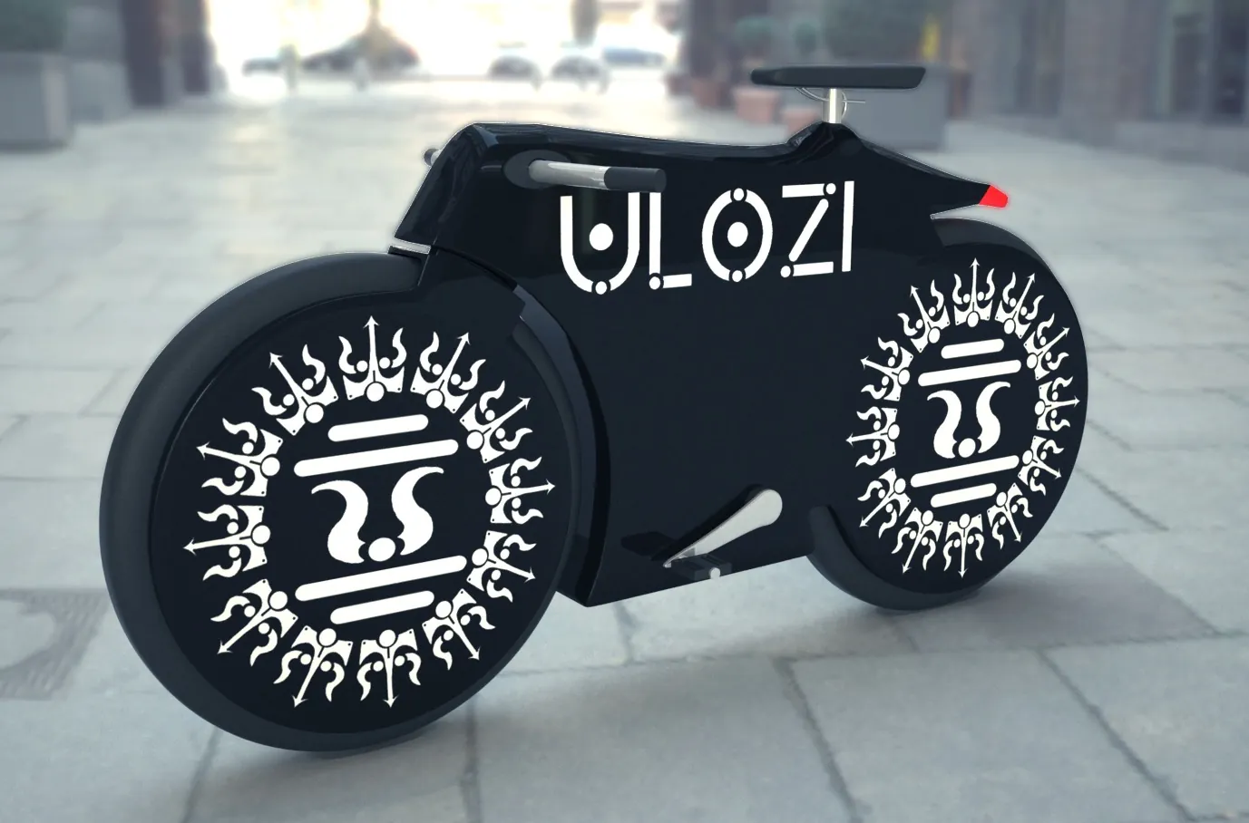 Black Ulozi electric motorcycle with emblem wheels