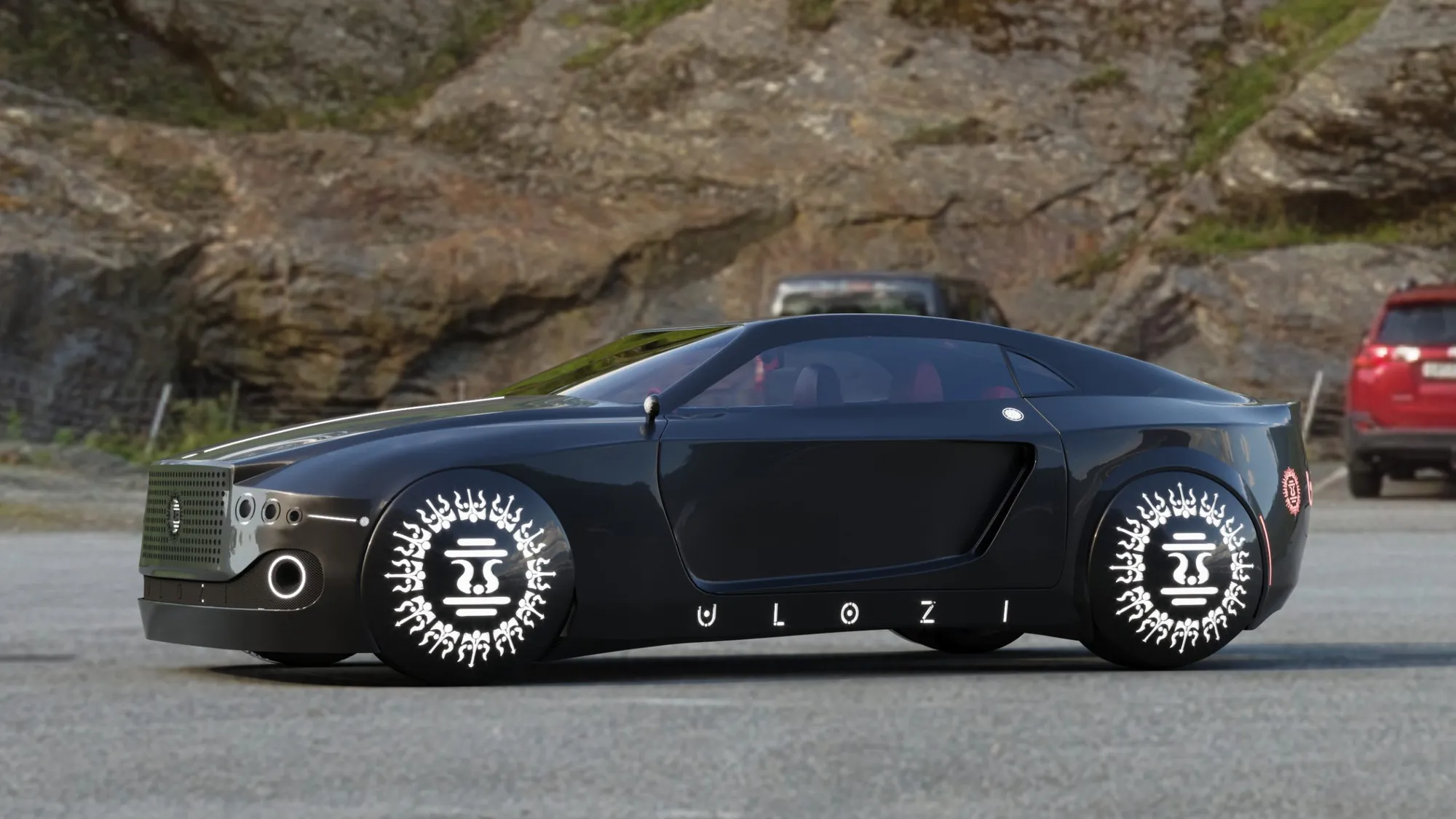 Black Ulozi sedan with illuminated emblem wheels