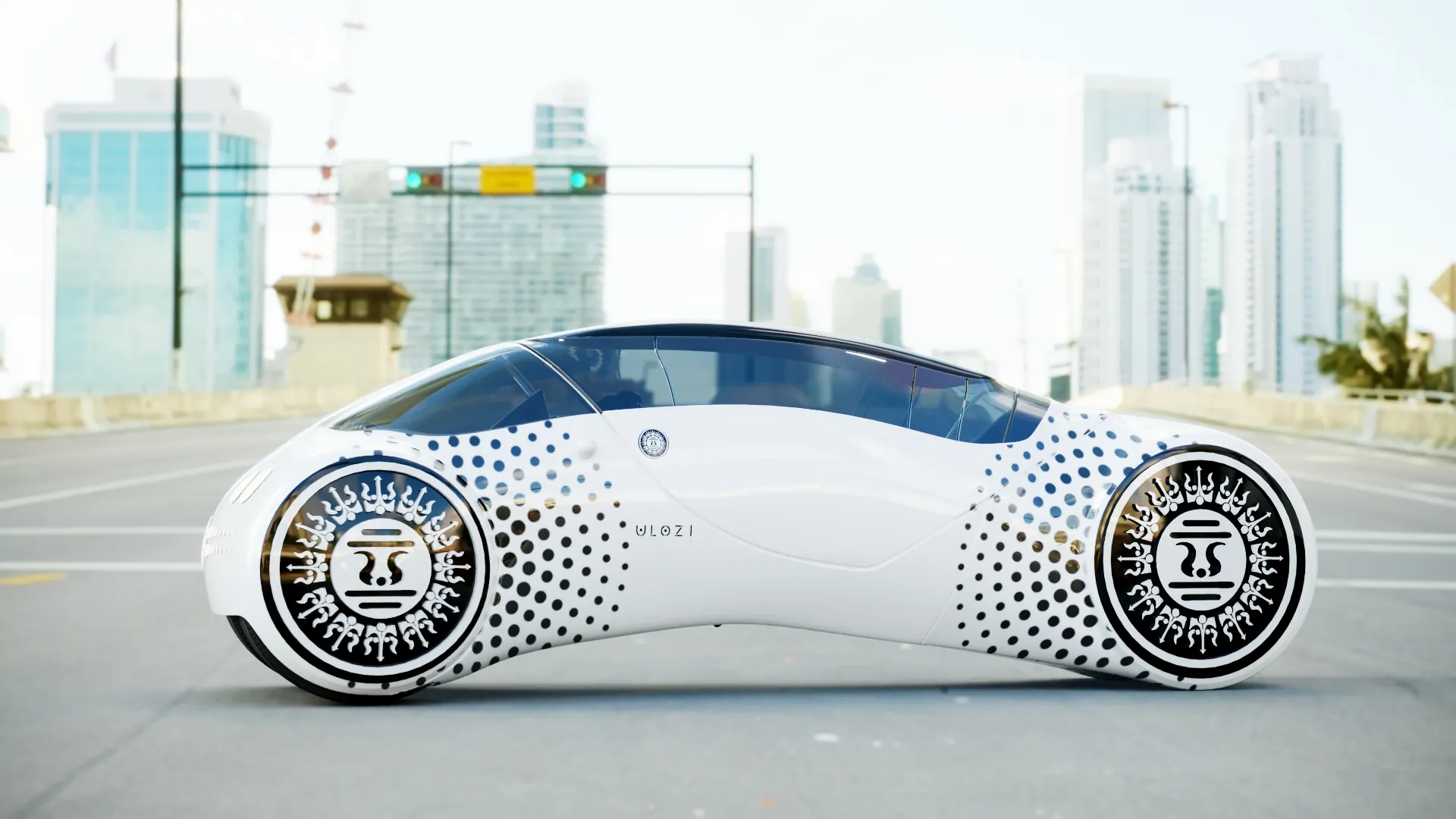 White Ulozi city pod in a city square